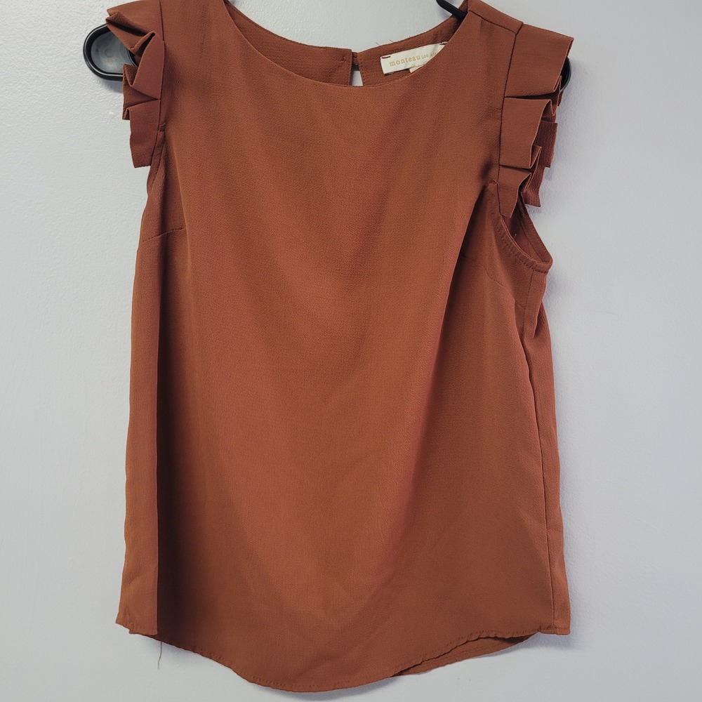 Monteau Los Angeles‎ Womens XS Rust Brown Ruffle Sleeve Blouse 27849